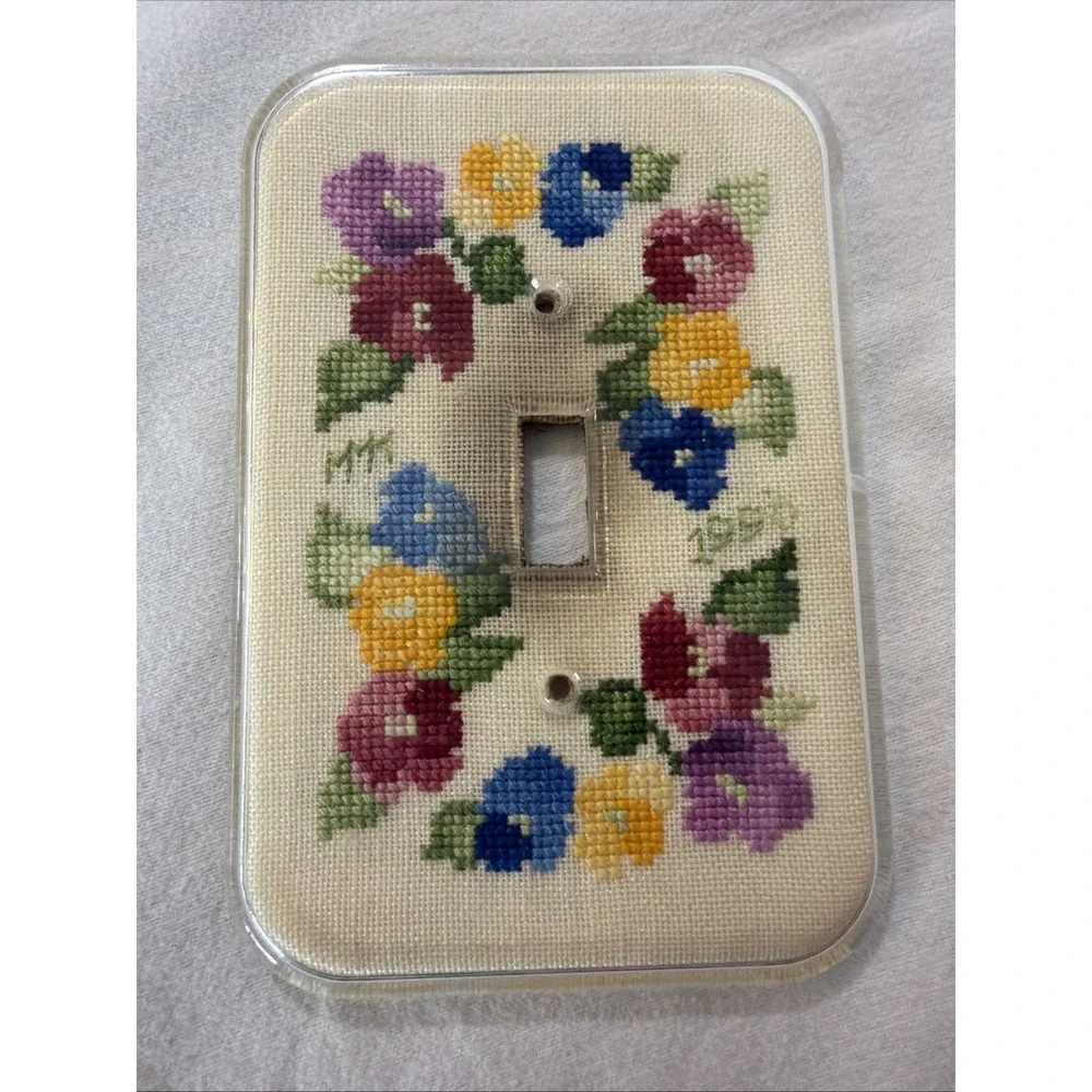 Vtg Finished Cross Stitch Single Toggle Light Switch Cover Floral Completed 1990